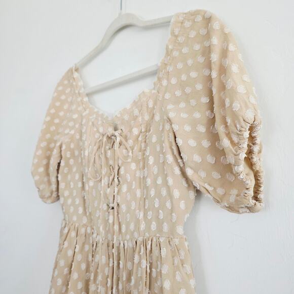 House of Harlow x Revolve Beige Polka Dot Off the Shoulder Mini Dress Sz Medium - Picture 8 of 10